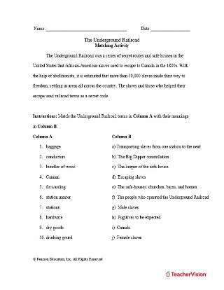 Underground Railroad Matching Activity