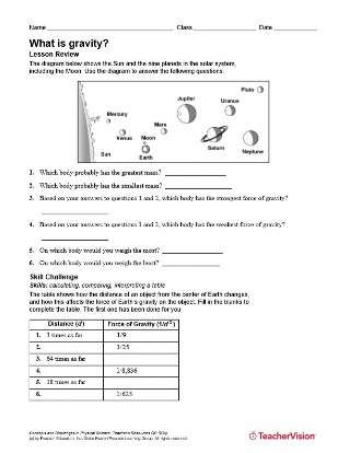 Gravity Activity Worksheet for Grades 6-12 Science