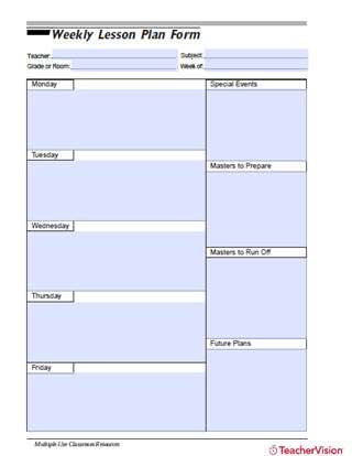 Weekly Lesson Plan Form from TeacherVision