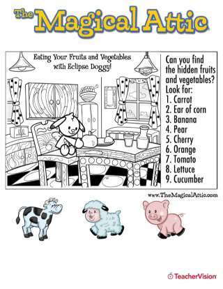Magical Attic Find the Fruits and Veggies Coloring Page