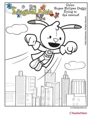 Magical Attic Eclipse Doggy Superhero Coloring Page