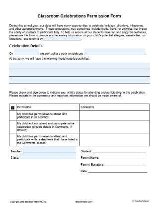 Editable Classroom Celebrations Permission Form