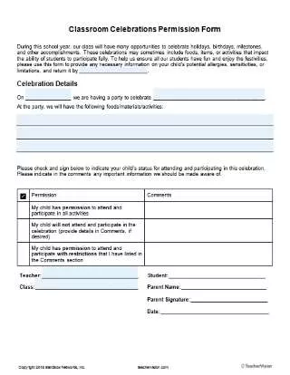 Editable Classroom Celebrations Permission Form