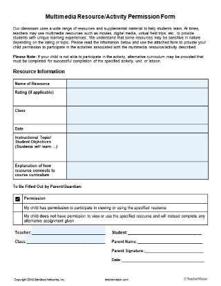 Editable Multimedia Resource or Activity Permission Form