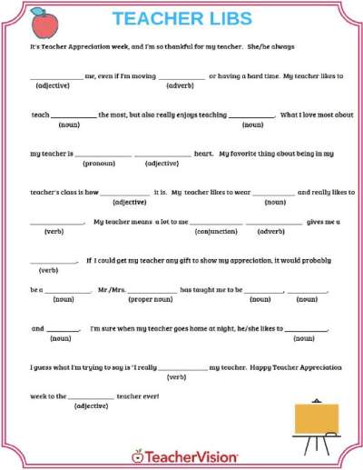 Teacher Appreciation Mad Libs