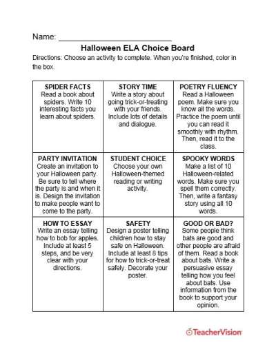 Halloween activity choice board for elementary and middle grade ELA