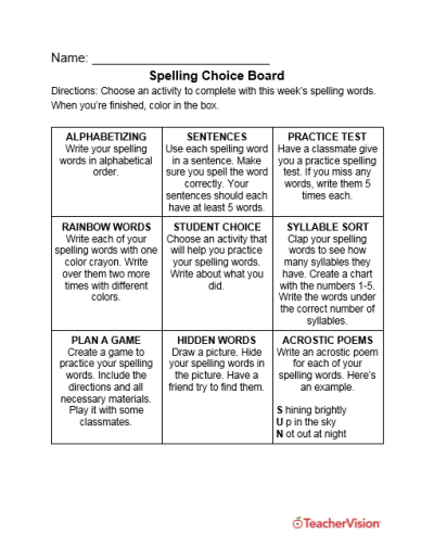 Spelling Choice Board for Grades 1-5
