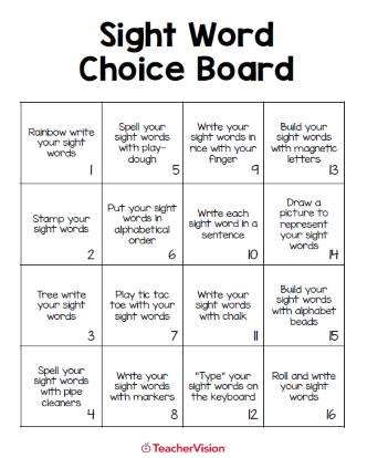 Sight Words Choice Board and Activities Packet (Grades K-3)