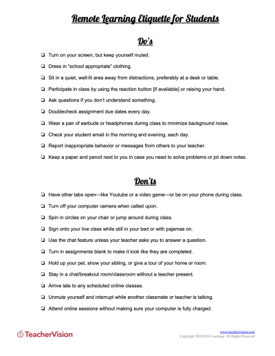 Etiquette list for remote learning