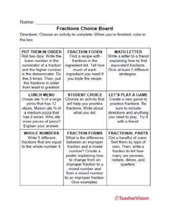 Fractions Choice Board