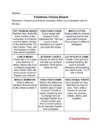 Fractions Choice Board