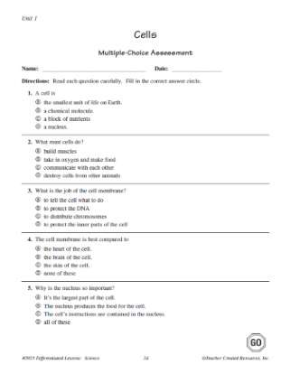 Cells Multiple Choice Quiz Worksheet for 5th Grade Science