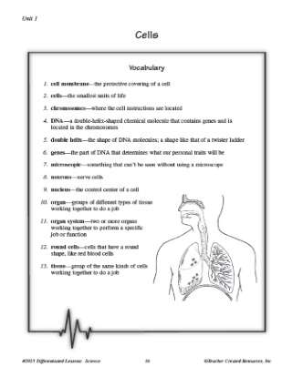 Cells Vocabulary Crossword Worksheet for 5th Grade Science