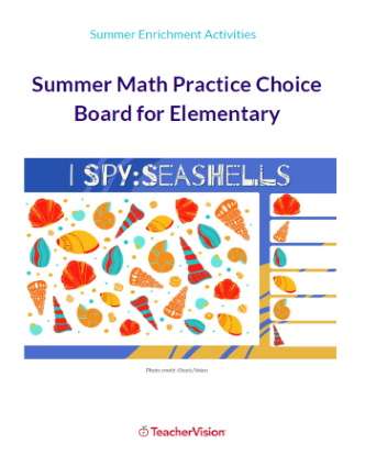 Summer Math Practice Choice Board for Elementary Grades