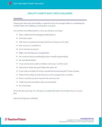 Healthy Habits for Students Daily Dice Challenge Activity