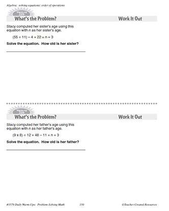 Algebra Daily Math Warm-Ups and Answe Key Grade 4-6