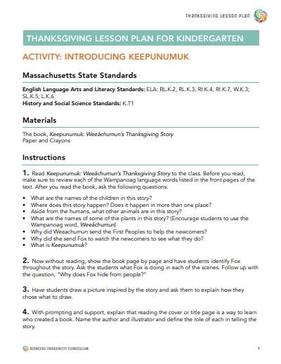 Native American Lesson Plan for Kindergarten - Thanksgiving - Bioneers