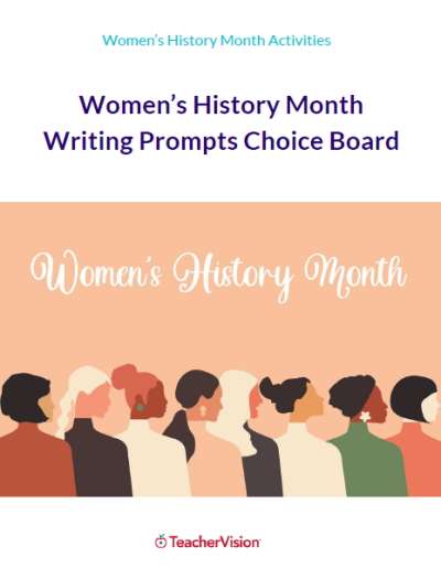 Choice board of Women's History Month writing prompts