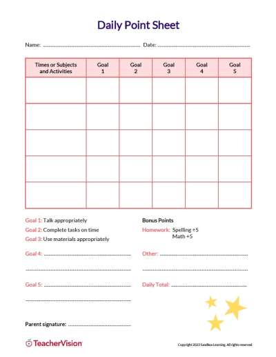 Daily Point Chart for Behavior Management