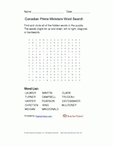 Canadian Prime Minister Word Search