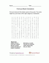 Famous Black Canadians Word Search