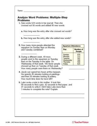 Multi-Step Addition and Subtraction World Problems for 4th Grade Math