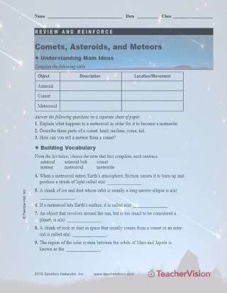 Comets Asteroids and Meteors Review Sheet