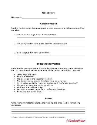 Writing Metaphors Guided and Independent Activities Worksheet