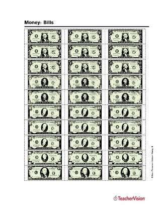 Printable sheet of U.S. currency bills ($1, $5, $10, $20, $100)