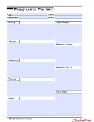 Weekly Lesson Plan Form from TeacherVision