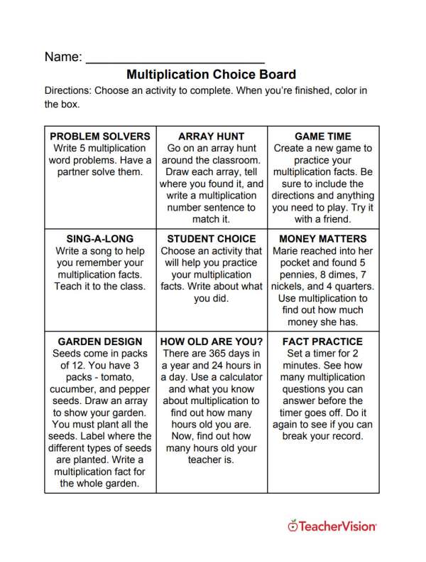 A choice board with nine multiplication activities 