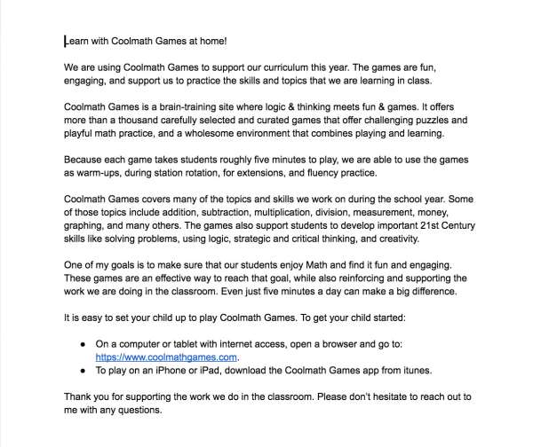 A letter to parents about using Coolmath Games at home