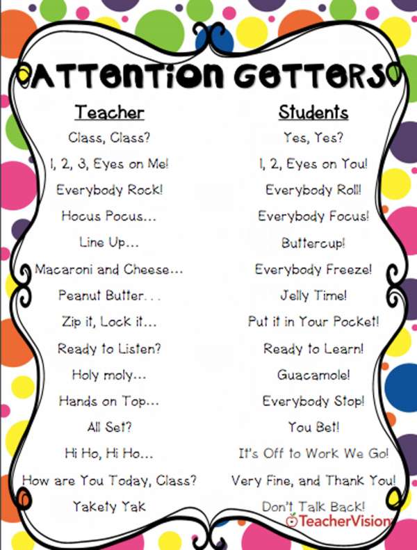 Phrases to get students' attention and re-focus students