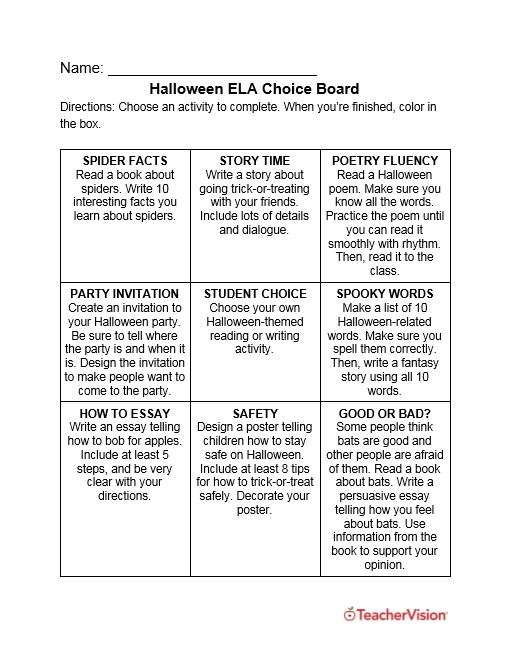 Halloween activity choice board for elementary and middle grade ELA