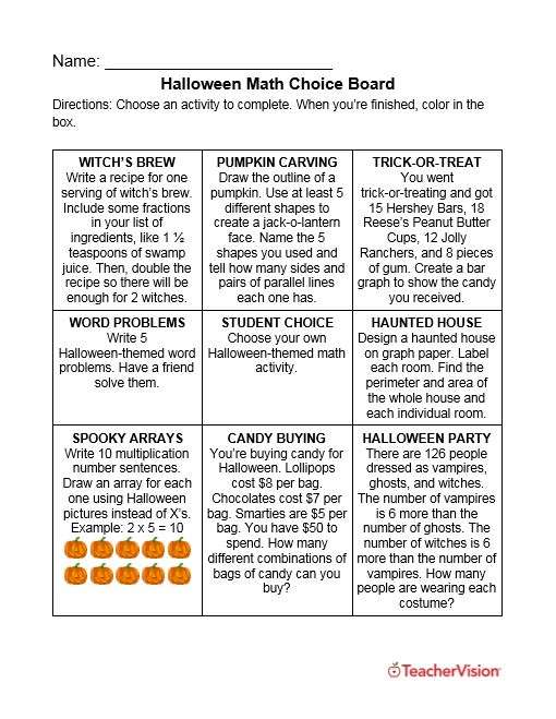 Halloween activity choice board for elementary and middle grade math