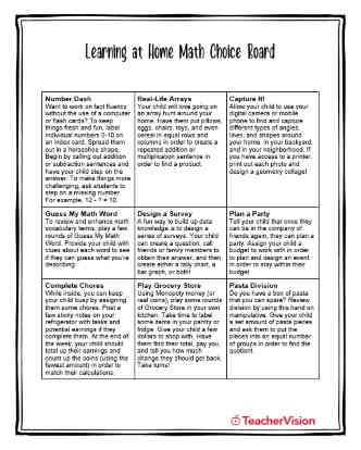 Learning at Home Math Choice Board