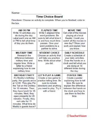 Time Choice Board Printable