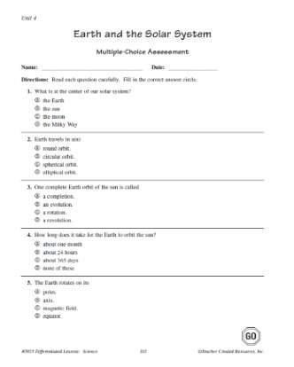 Solar System Multiple Choice Quiz Worksheet for 5th Grade Science