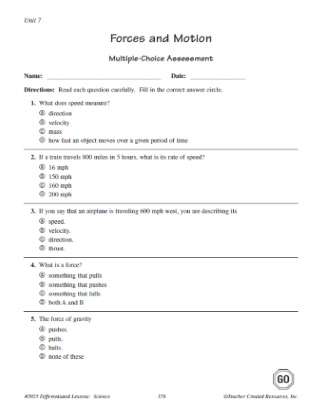 Forces and Motion Multiple Choice Quiz Worksheet for 5th Grade Science