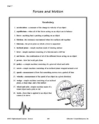 Forces and Motion Vocabulary Crossword Worksheet for 5th Grade Science