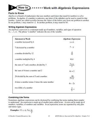 How to Work with Algebraic Expressions Worksheet for Grades 5 to 8 Math