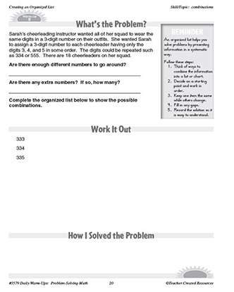 Creating an Organized List Daily Math Warm-Ups and Answer Key Grade 4-6