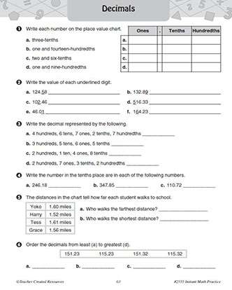 DecimalsPractice Worksheet Packet and Answer Key Grade 4-6 Math
