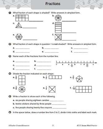 Fractions Practice Worksheet Packet and Answer Key Grade 4-6 Math