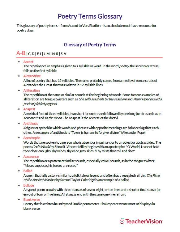 poetry terms and words list