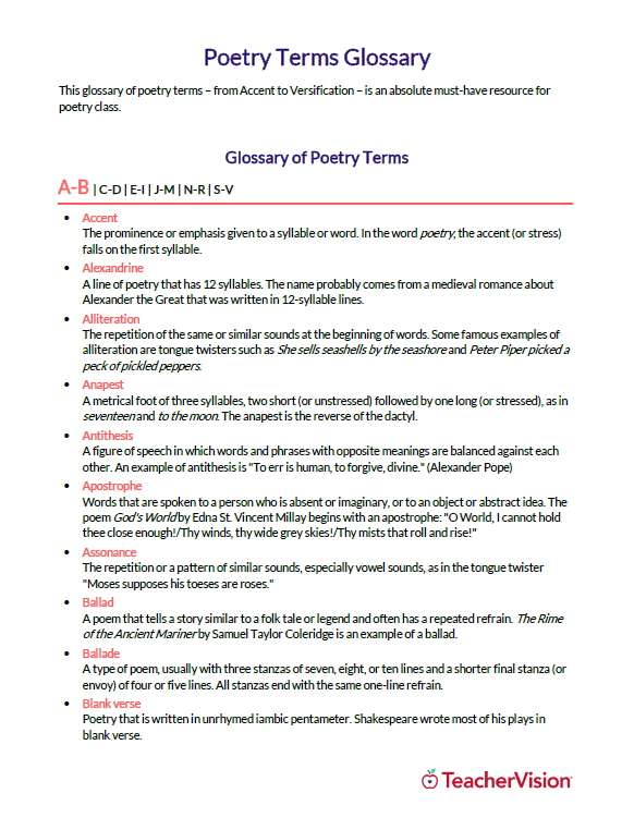 Poetry Terms Printable List for Students - TeacherVision