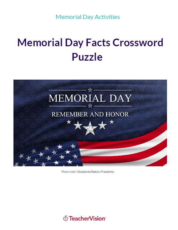 memorial day crossword puzzle - student activities for memorial day