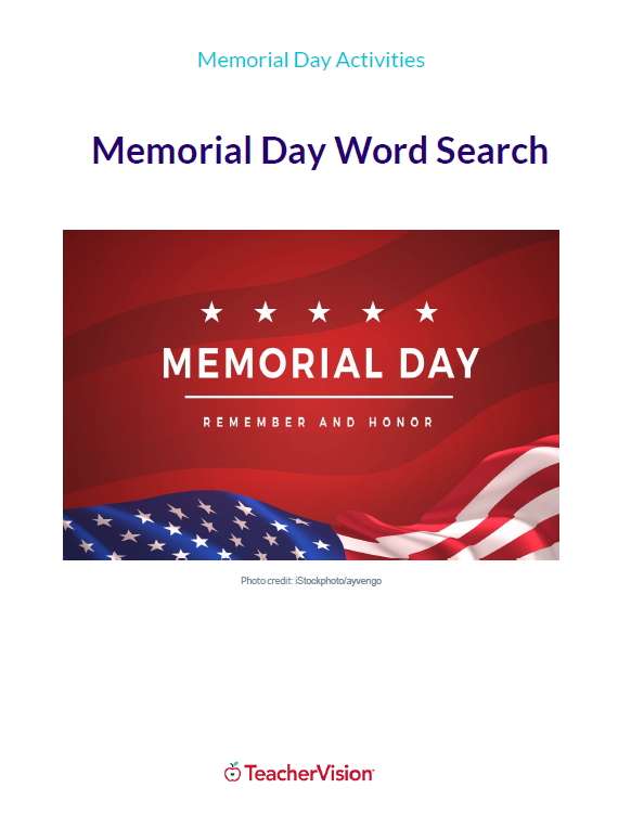 memorial day activities for students - word search