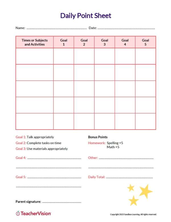 Daily Point Chart for Behavior Management