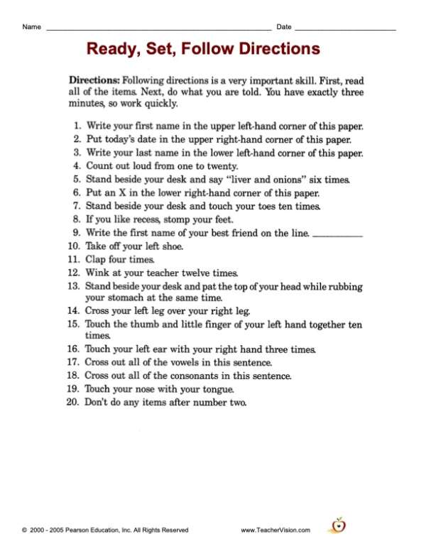 following directions worksheet